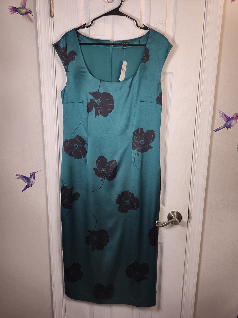 NWT Ann Taylor Teal Poppy Satin Floral Midi Sheath Dress 10 - Picture 2 of 7